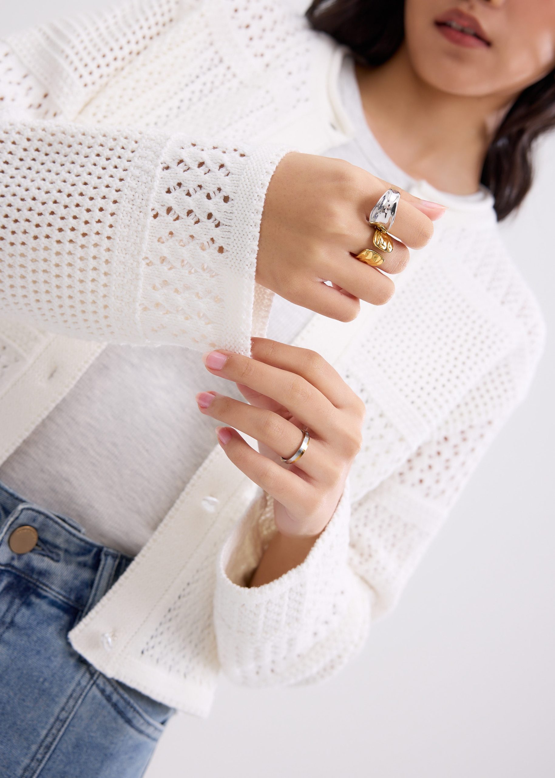 Relaxed Pointelle Knit Round Neck Cardigan - Image 11