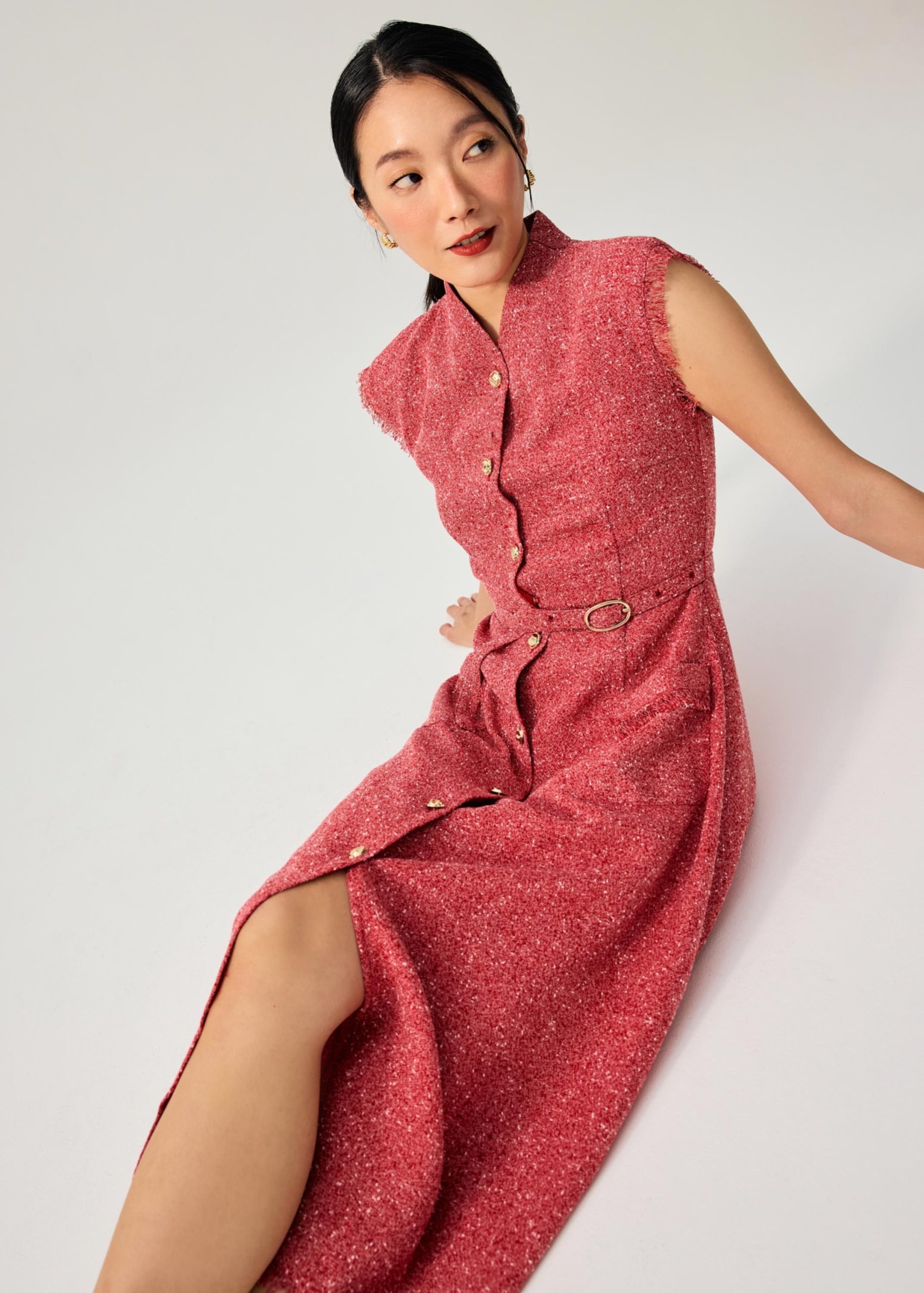 Fei Belted Tweed Mandarin Collar Fit & Flare Midaxi Dress - Image 2